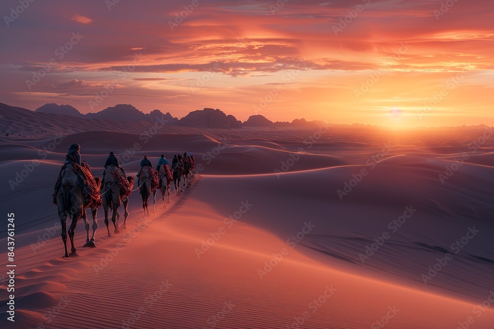 Poster embark on a visual adventure as a caravan of camels traverses the expansive desert landscape, with v
