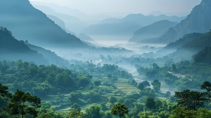 A scenic valley covered in smog from nearby factories, emphasizing the pervasive nature of air pollution in even the most remote natural landscapes. Dramatic Photo Style,