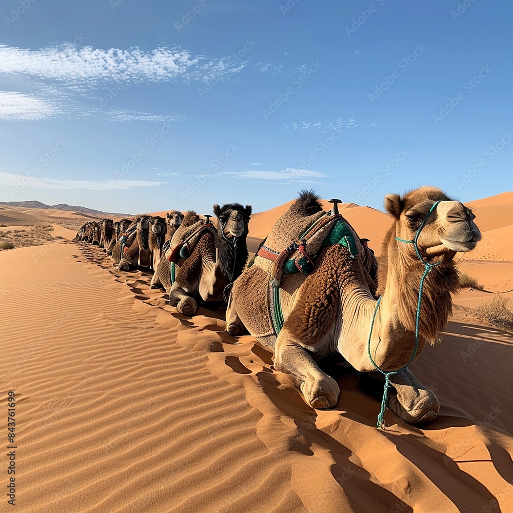Poster embark on a visual adventure as a caravan of camels traverses the expansive desert landscape, with v