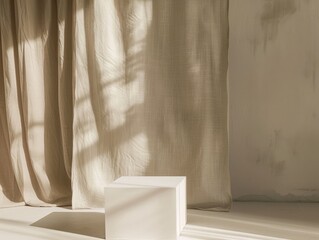 Minimalist Product Podium on White Clean Table with Beige Linen Fabric