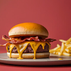 Cheese burger with Bacon and Fries on red background