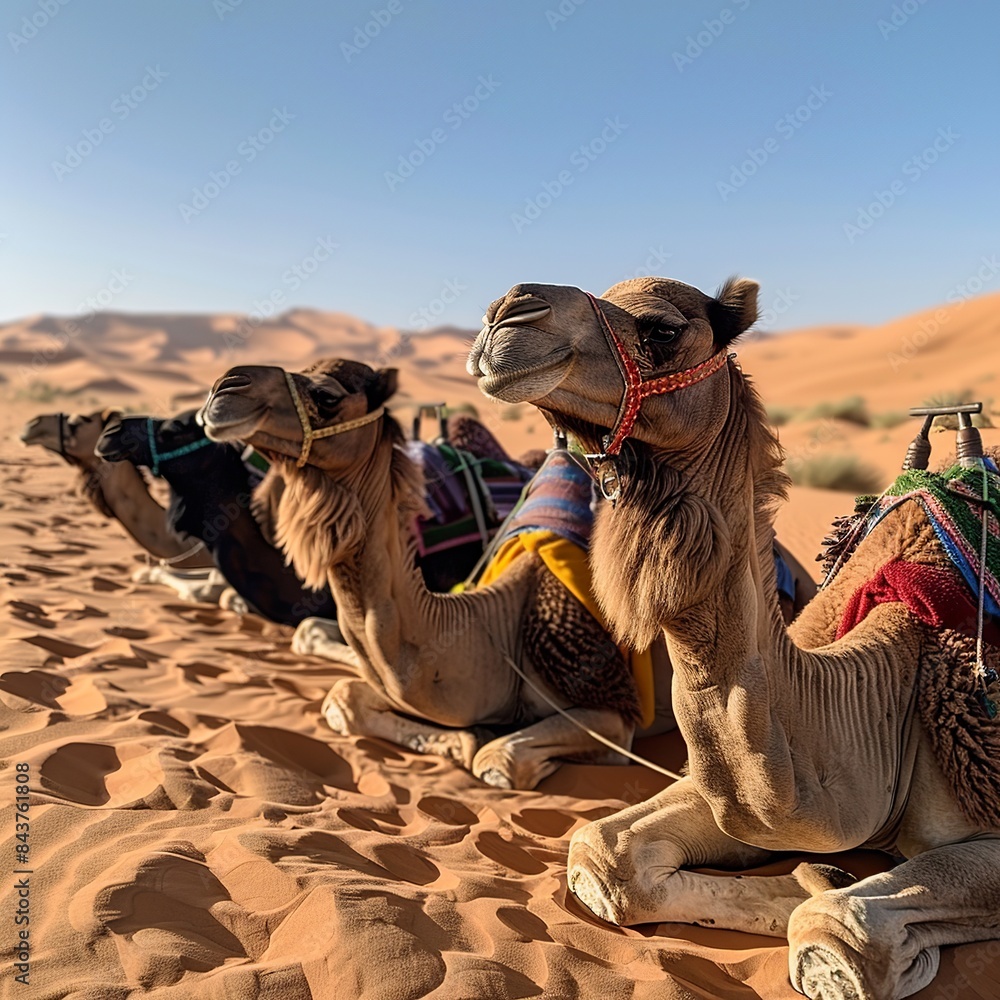 Poster embark on a visual adventure as a caravan of camels traverses the expansive desert landscape, with v
