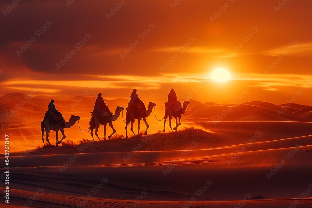 Poster embark on a visual adventure as a caravan of camels traverses the expansive desert landscape, with v