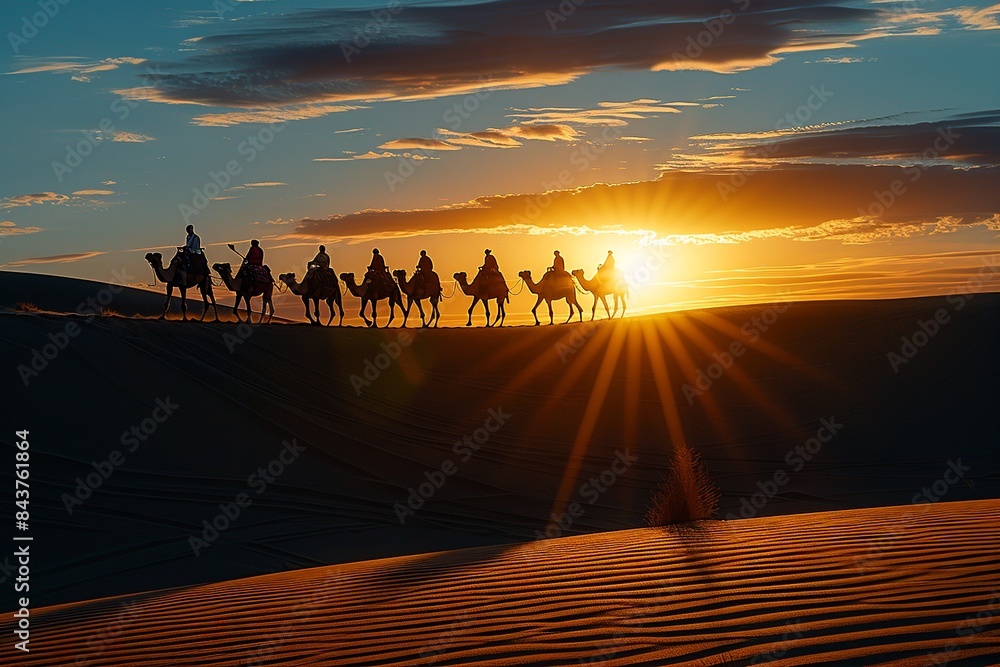 Poster embark on a visual adventure as a caravan of camels traverses the expansive desert landscape, with v