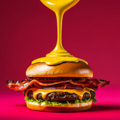 splash Cheese burger with Bacon and Fries on red background