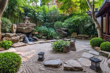 Tranquil Japanese Zen Garden with Stone Lanterns, Bamboo Plants, and Small Waterfall for Meditation