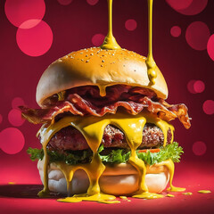 splash Cheese burger with Bacon and Fries on red background