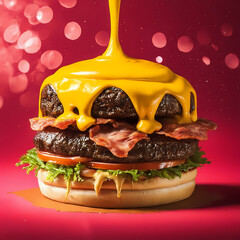splash Cheese burger with Bacon and Fries on red background
