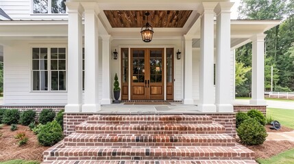 Elegant Front Porch with Brick Steps, Wooden Door, and Columns on a White Cottage Style Home in Modern Farmhouse Design - Wide Angle Natural Lighting