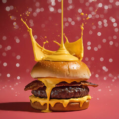 splash Cheese burger with Bacon and Fries on red background