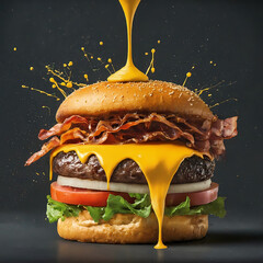 splash Cheese burger with Bacon and Fries on black background