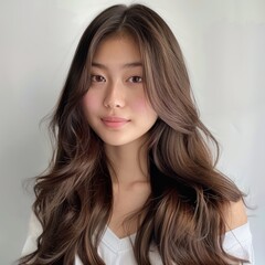 Naklejka premium An Asian woman with long shiny brown hair, showing off her hair and fair skin white 