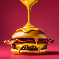 Cheese burger with Bacon and Fries on red background