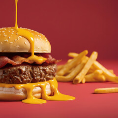 Cheese burger with Bacon and Fries on red background