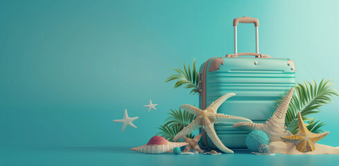 Travel luggage with beach elements on blue background