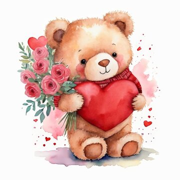 A cute teddy bear holding a bunch of roses and a heart shaped pillow, conveying a sense of warmth and love