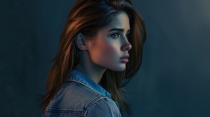 Fototapeta premium An image of a woman in a side profile with a confident pose. She has brown hair with bronze highlights hairstyle, prominent cheekbones, a straight nose, and full lips. She is wearing a fitted 