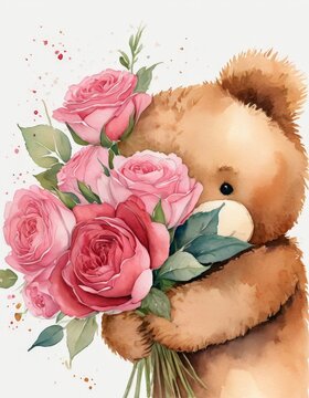 A large brown teddy bear tightly hugs a bouquet of vibrant pink roses