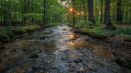 A tranquil forest with a river running through it, marred by the visible presence of industrial waste, highlighting the environmental consequences of factory activities. Dramatic Photo Style,