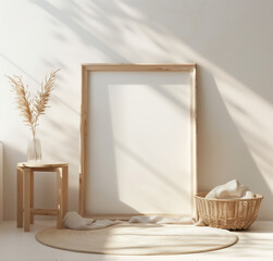 Empty wooden frame leaning against white wall with wicker basket and small stool with vase of dried flowers. Minimalistic decor with sunlight. Interior design and home decor concept