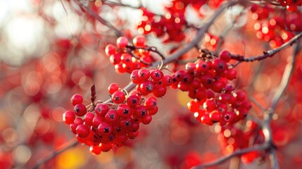 Red berries of viburnum on tree branches during the fall season