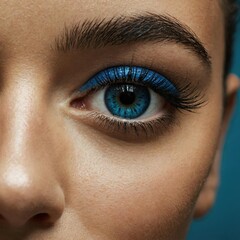 Obraz premium Young beautiful face of a woman with blue eyes, bright stylish attractive festive holiday makeup. A close, expressive gaze. Fashion & Style. Trendy makeup.