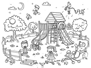 Fototapeta premium Children's drawing on the theme of children's playground. Drawings in black and white.