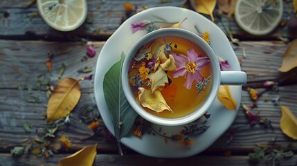 Beautiful herbal tea in white cup on rustic wooden table with lemon slices and autumn leaves. Perfect for seasonal, cozy, and nature-themed projects. High-quality, artistically styled photo stock. AI
