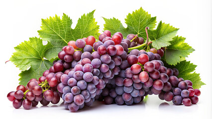 Close-up image of a bunch of red grapes with green leaves on a white background