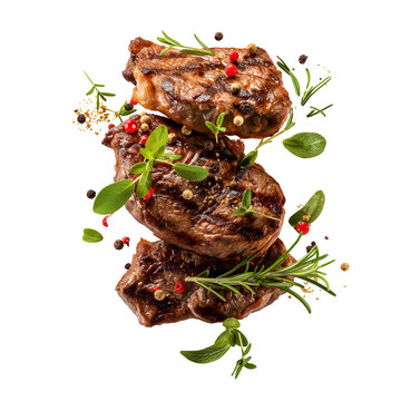 Grill Beef steaks, realistic 3d brisket flying in the air, grilled meat collection, ultra realistic, icon, detailed, angle view food photo, steak composition