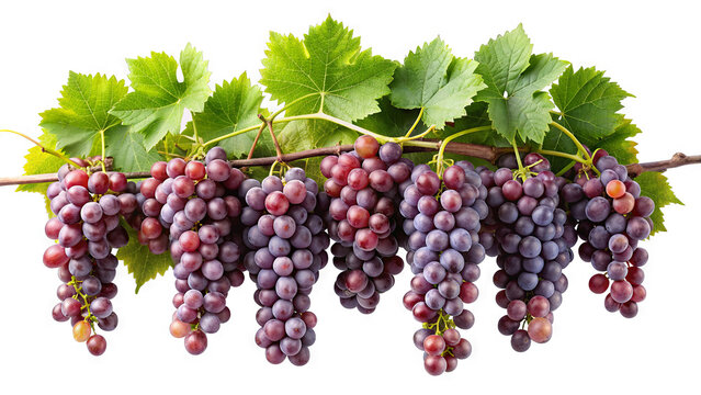 A close-up image of a bunch of red grapes hanging on a vine with green leaves, isolated on a white background