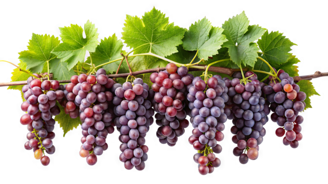 A close-up image of a bunch of red grapes hanging on a vine with green leaves, isolated on a white background