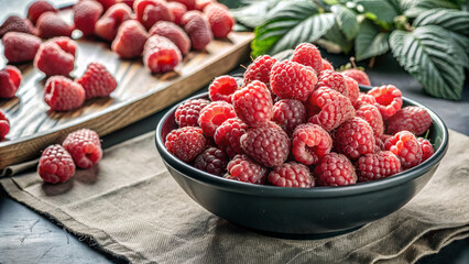 A close-up shot of a black bowl filled with fresh raspberries, sitting on a brown napkin