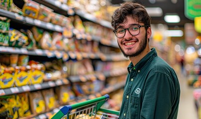 A young man shops and selects product in a supermarket.