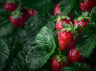 Closeup of fresh strawberries, vibrant reds and greens