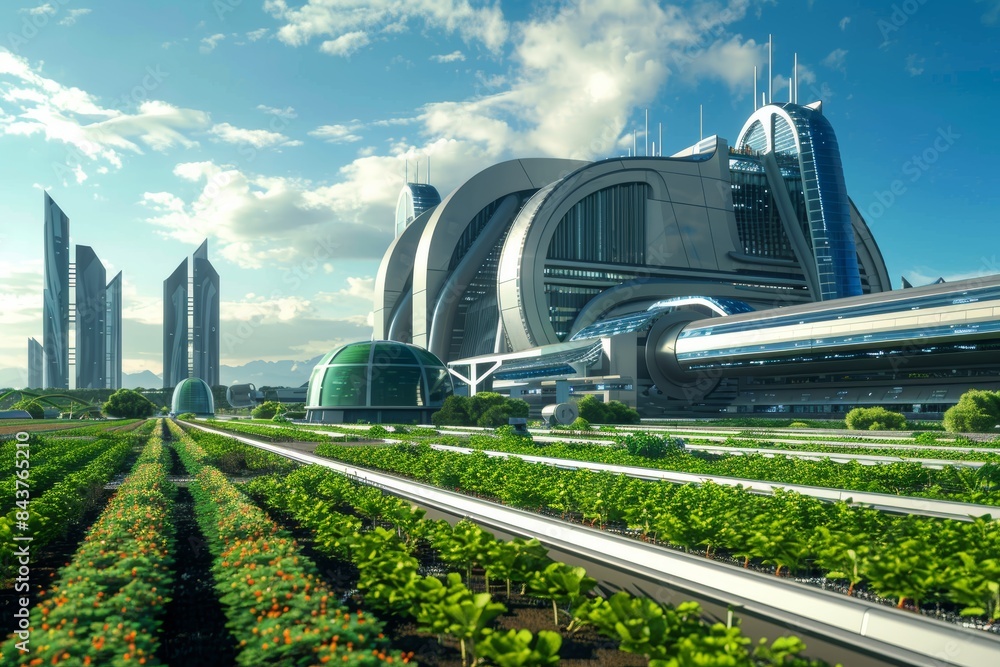 Aufkleber high-tech modern farm with genetically modified crops and automated machinery design for efficiency