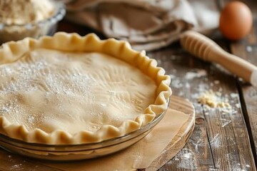 Pie crust on a wooden table with a rolling pin, pie crust dough type
