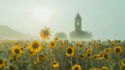 Scenic view of church in countryside with sunflower and rural scene.