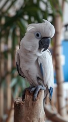 Obraz premium White bird sitting on a wooden post, animal background 