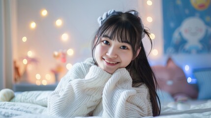 Chinese 20 year old beauty sitting on bed, chubby, Kawaii style, smile, real person photo 