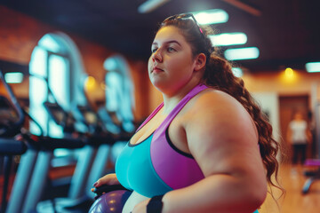 Confident plussized woman at gym, showing determination and commitment to health and fitness