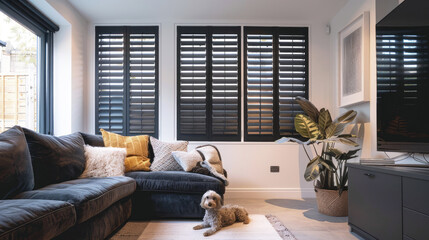Obraz na płótnie Canvas Plantation shutter fitted in a modern lounge. The window has horizontal black wooden blinds. Blinds as an option for protection from excessive sunlight.