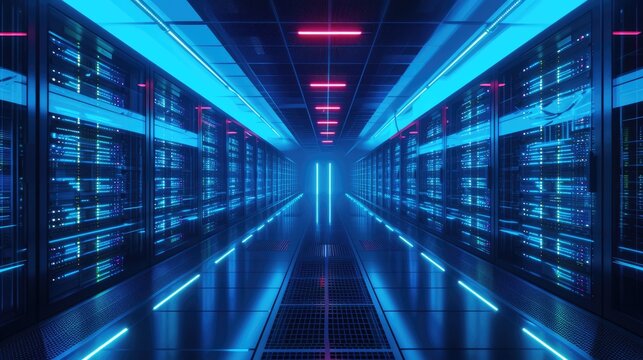 A parallel row of servers, adorned in electric blue, fills a technology-driven data center hallway with a symmetrical display of power and Azure technology. AIG41