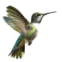 Fototapeta premium Vibrant photograph of a hummingbird in mid-flight, isolated on transparency PNG background, showcasing its iridescent green feathers and rapid wing movement.