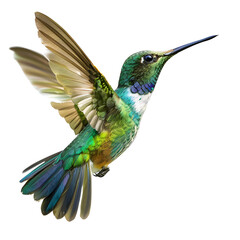 Fototapeta premium Vivid image of a colorful hummingbird in flight, isolated on transparency PNG background, displaying stunning plumage and intricate wing details.