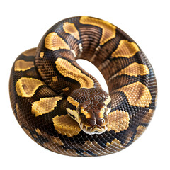 Obraz premium A close-up image of a coiled ball python showcasing its intricate patterns and textured scales, isolated on transparency PNG background, Ideal for nature and wildlife themes.