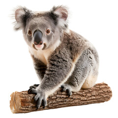 Naklejka premium Cute koala perched on a tree log with a isolated on transparency PNG background, Ideal for wildlife, nature, and animal-themed projects.