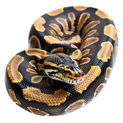 Obraz premium Detailed close-up of a beautiful ball python, showcasing its vibrant colors and intricate patterns against a isolated on transparency PNG background.