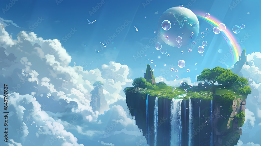 Wall mural Simple and minimalist style, floating island in the sky with a waterfall cascading down