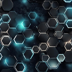 Geometric hi-tech patterns with interconnected hexagons and glowing elements, forming a sophisticated and intricate digital background design